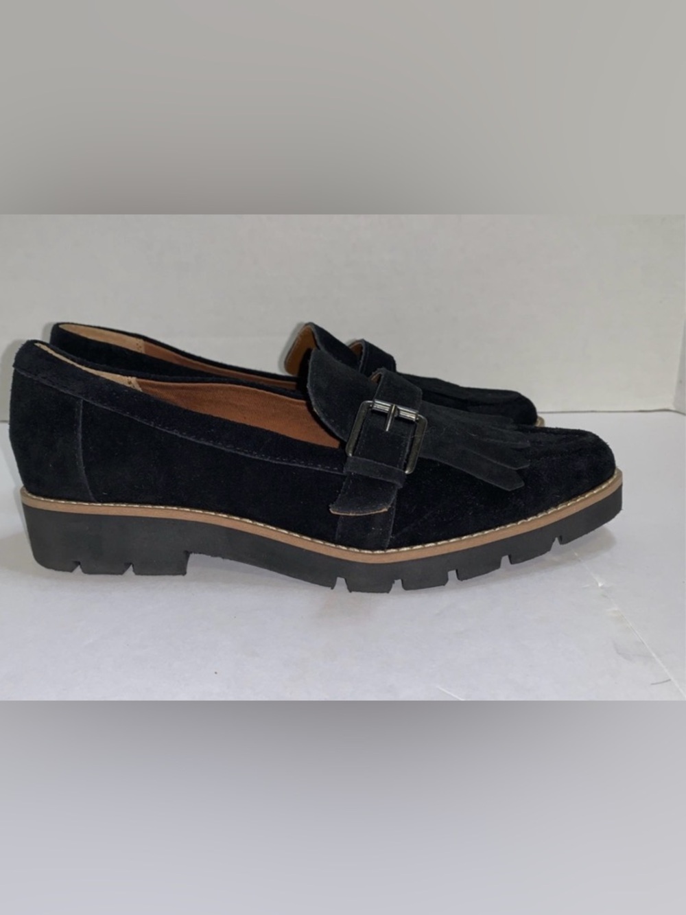 Franco Sarto Black Suede Kiltie Loafers with Buckle